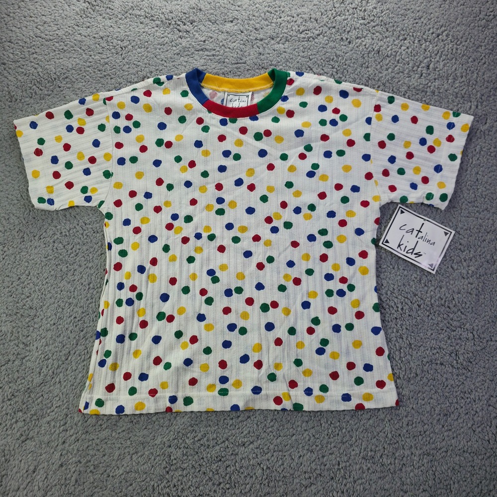 Catalina Kids Vintage Polka Dot Pointelle T-Shirt White Large Made in USA